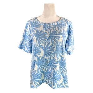 The Talbots Tee Plus X Short Sleeve Top Tee Blue White Palm Leaf Starburst Print